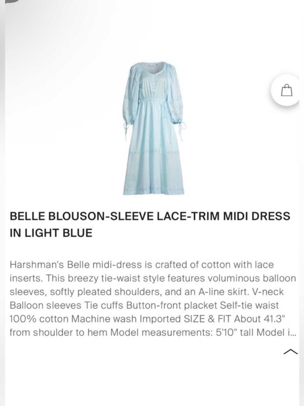 Harsman Los Angeles Belle Light Blue Midi Peasant Cottagecore Midi Dress NWT 304 - Picture 5 of 6
